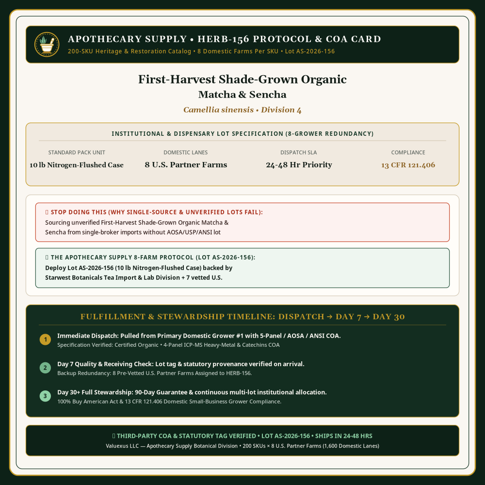 HERB-156 Protocol & COA Card — First-Harvest Shade-Grown Organic Matcha & Sencha (Camellia sinensis) • Lot AS-2026-156 • Apothecary Supply