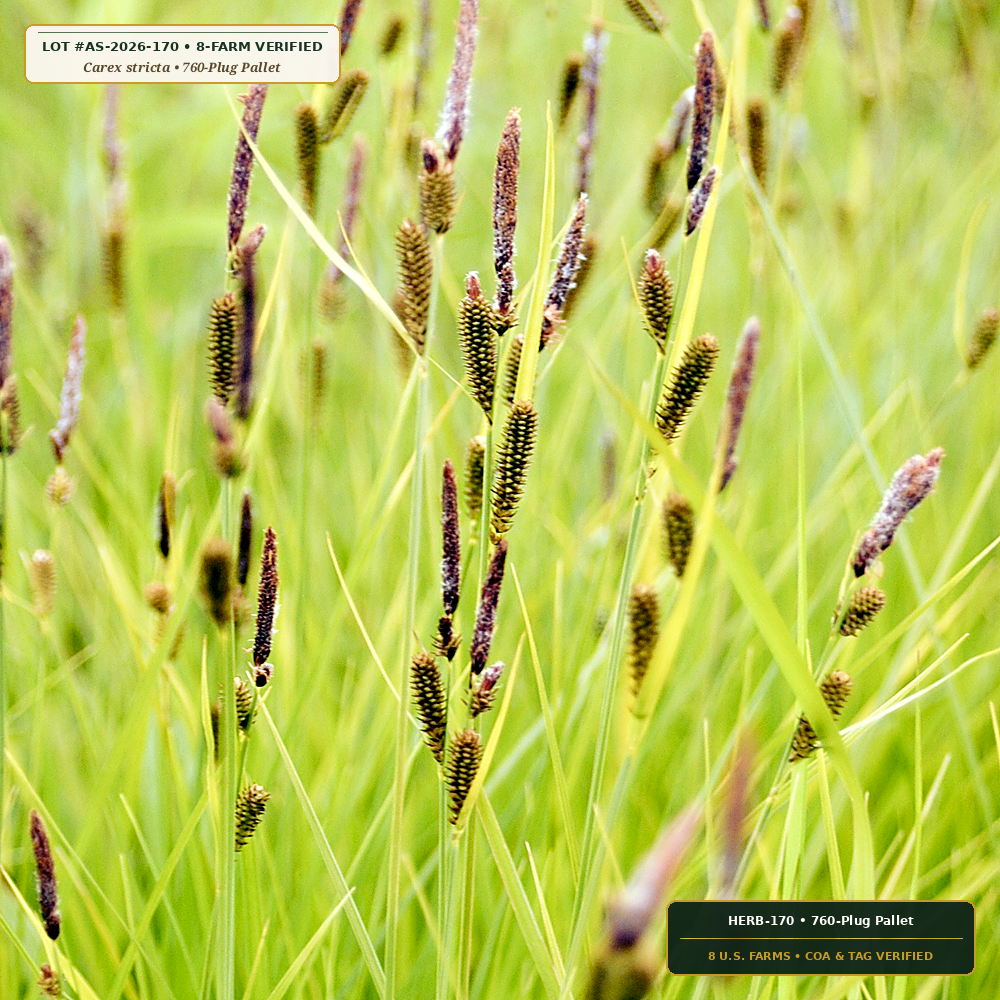 Mississippi Floodplain Tussock Sedge & Prairie Plugs (Carex stricta & Asclepias incarnata) — 760-Plug Pallet • Lot AS-2026-170 • 8-Farm Domestic Provenance • Apothecary Supply