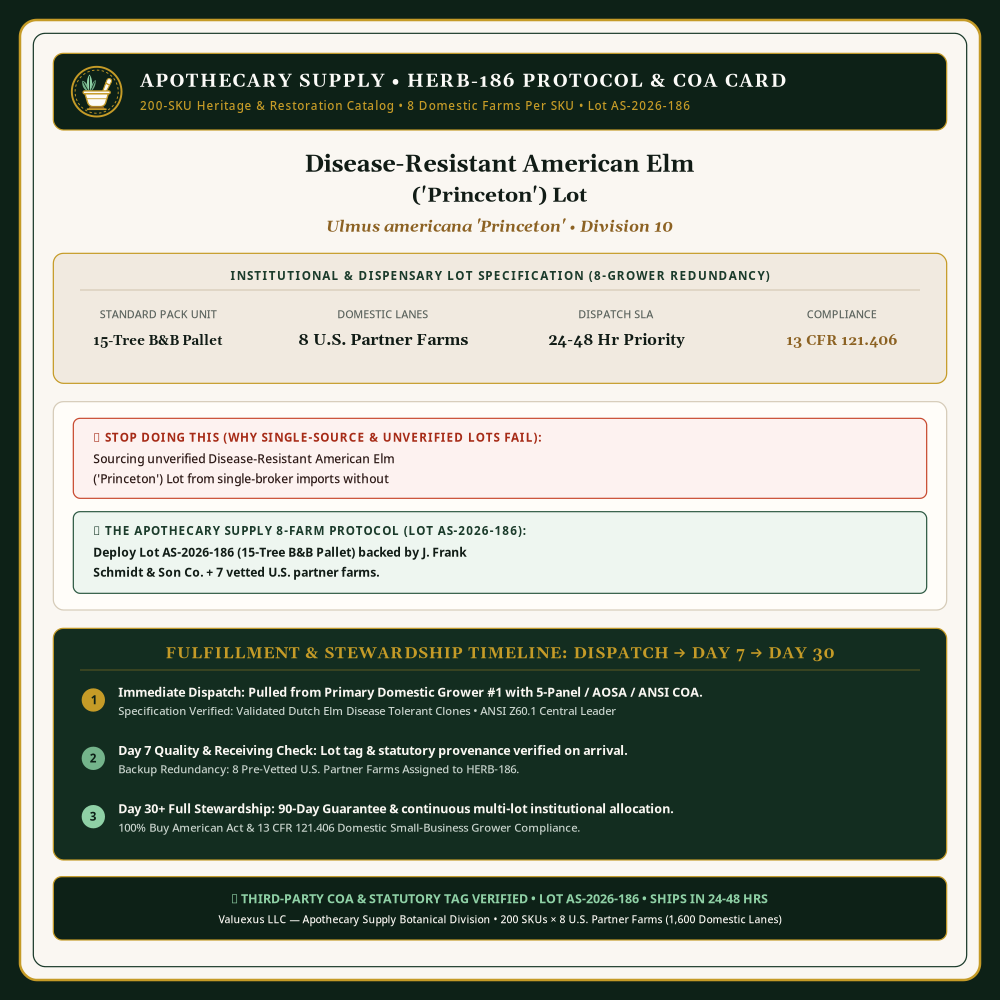 HERB-186 Protocol & COA Card — Disease-Resistant American Elm ('Princeton') Lot (Ulmus americana 'Princeton') • Lot AS-2026-186 • Apothecary Supply