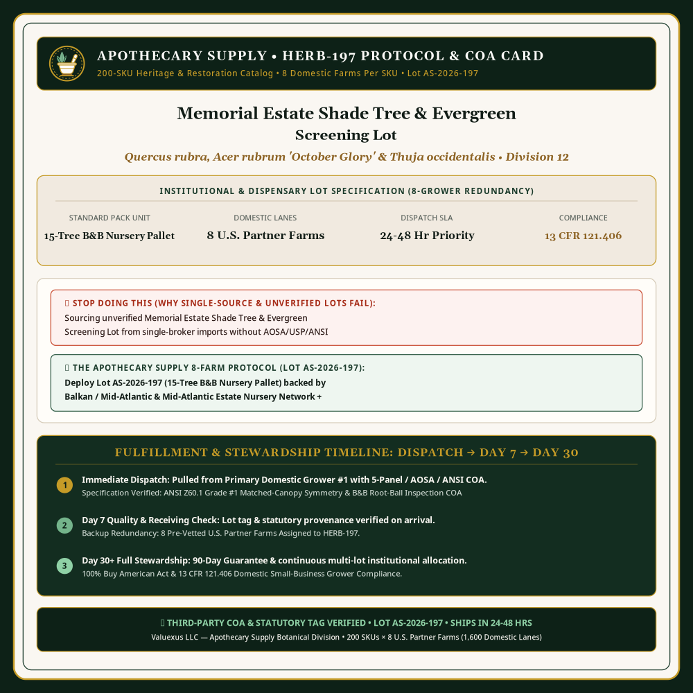 HERB-197 Protocol & COA Card — Memorial Estate Shade Tree & Evergreen Screening Lot (Quercus rubra, Acer rubrum 'October Glory' & Thuja occidentalis) • Lot AS-2026-197 • Apothecary Supply