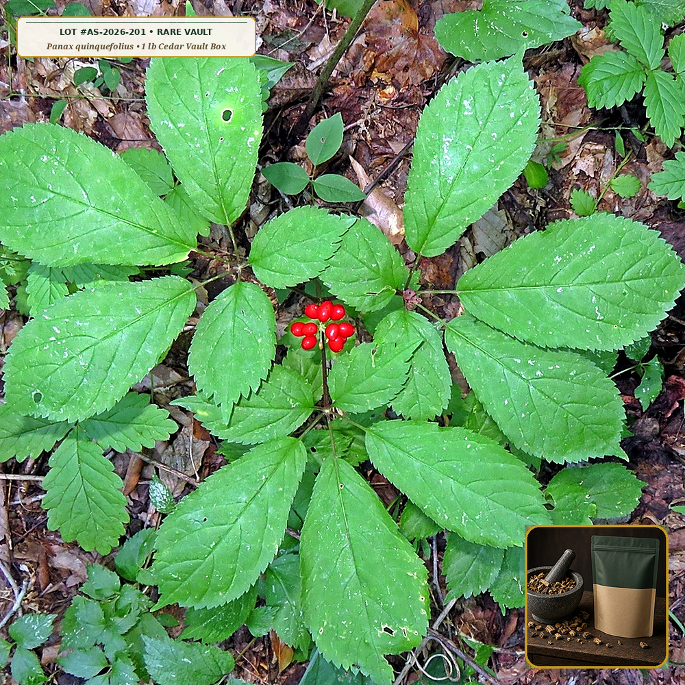 15-Year Wild-Simulated Appalachian American Ginseng Reserve (Panax quinquefolius) — 1 lb Cedar Vault Box • Lot AS-2026-201 • Apothecary Supply