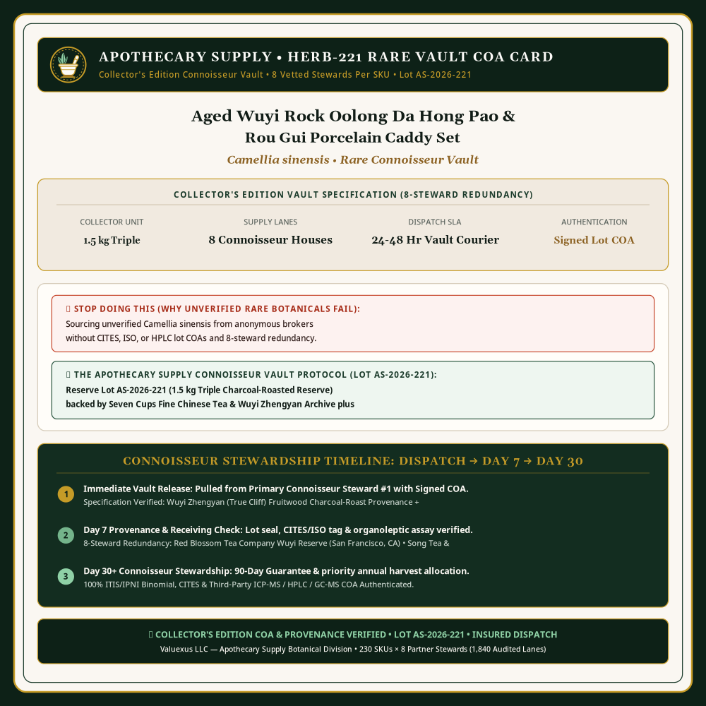 HERB-221 Rare Vault COA Card — Aged Wuyi Rock Oolong Da Hong Pao & Rou Gui Porcelain Caddy Set • Lot AS-2026-221 • Apothecary Supply