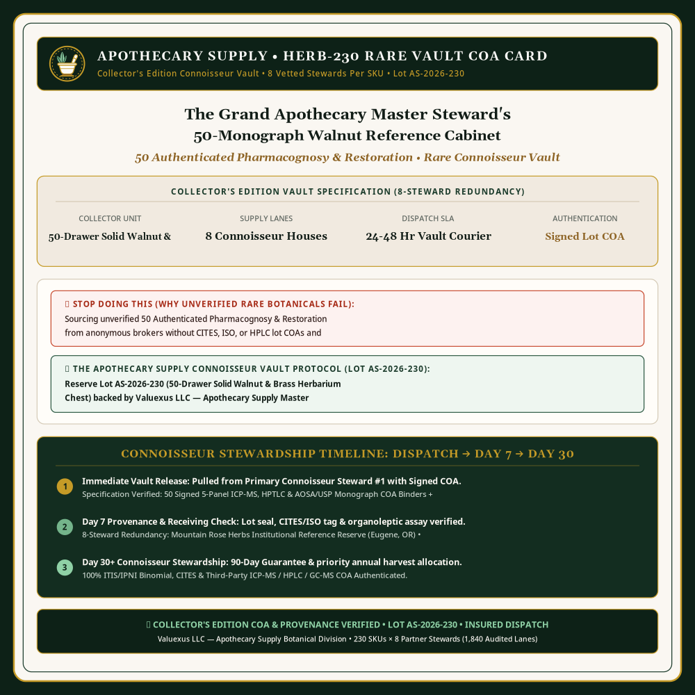 HERB-230 Rare Vault COA Card — The Grand Apothecary Master Steward's 50-Monograph Walnut Reference Cabinet • Lot AS-2026-230 • Apothecary Supply