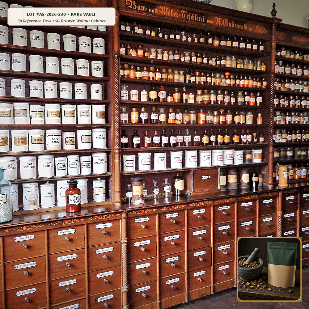The Grand Apothecary Master Steward's 50-Monograph Walnut Reference Cabinet (50 Authenticated Pharmacognosy & Restoration Reference Taxa) — 50-Drawer Solid Walnut & Brass Herbarium Chest • Lot AS-2026-230 • Apothecary Supply